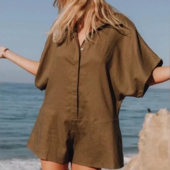 Daily Drills Pants - Daily Drills Resort Romper in Olive Green Linen XS/S